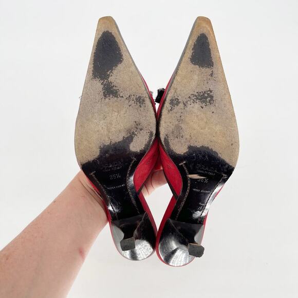 Vintage Prada Red Suede Tweed Bow Detail Pointed Toe Slide Heel Mule IT 36.5 - Picture 10 of 11